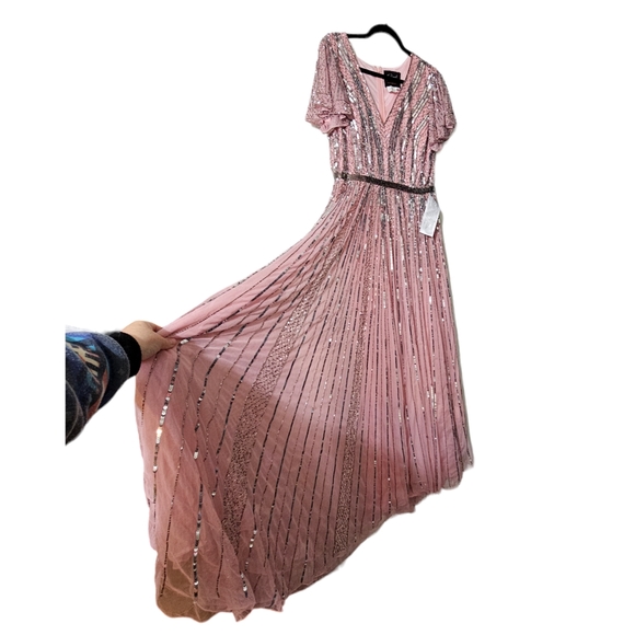 MAC DUGGAL Flutter Sleeve Embellished Plunge Neck A Line Gown Dress Size 14 - Picture 5 of 8